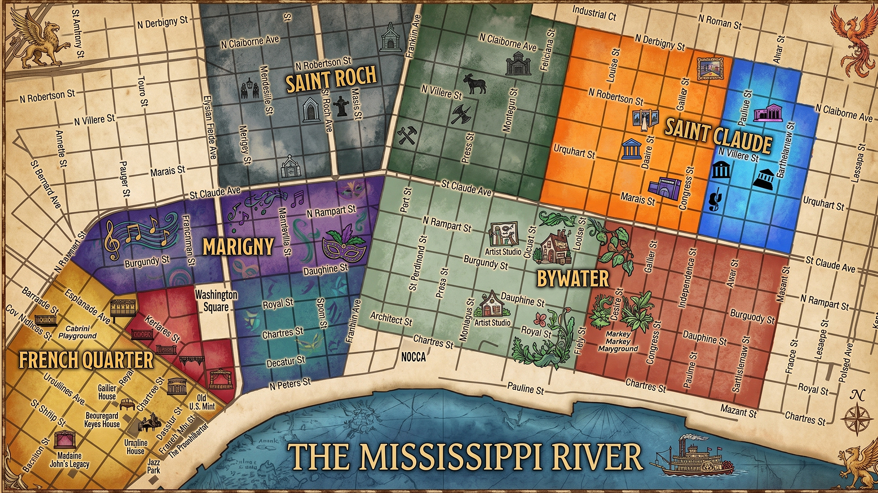 Illustrated map of downtown New Orleans neighborhoods near Frenchmen Street